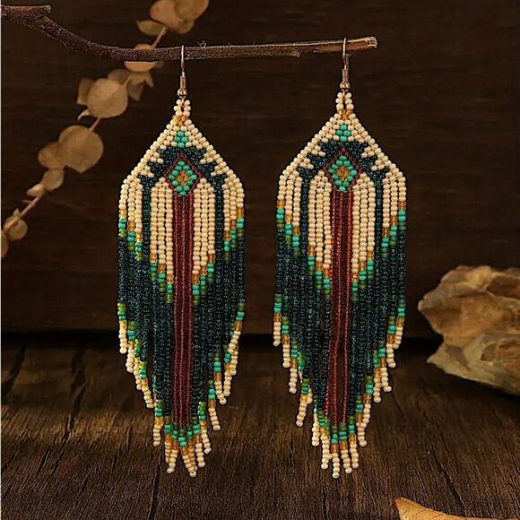 Bohemian Beaded Dangle Tassel Earrings, Tribal Design, Western, Boho, Fringe - Picture 4 of 5
